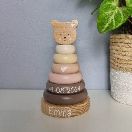 Jabadabado Stacking Toy Teddy Natuur | Houten Stapeltoren met naam | Natuur Tinten