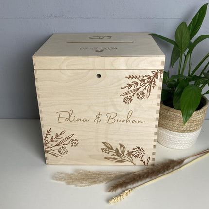 Naturel houten Enveloppenkist | Botanical Wedding | Huwelijks cadeau